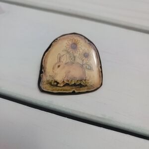Vintage Spring Brooch with Rabbit and Sun Flowers Enamel 1.5"